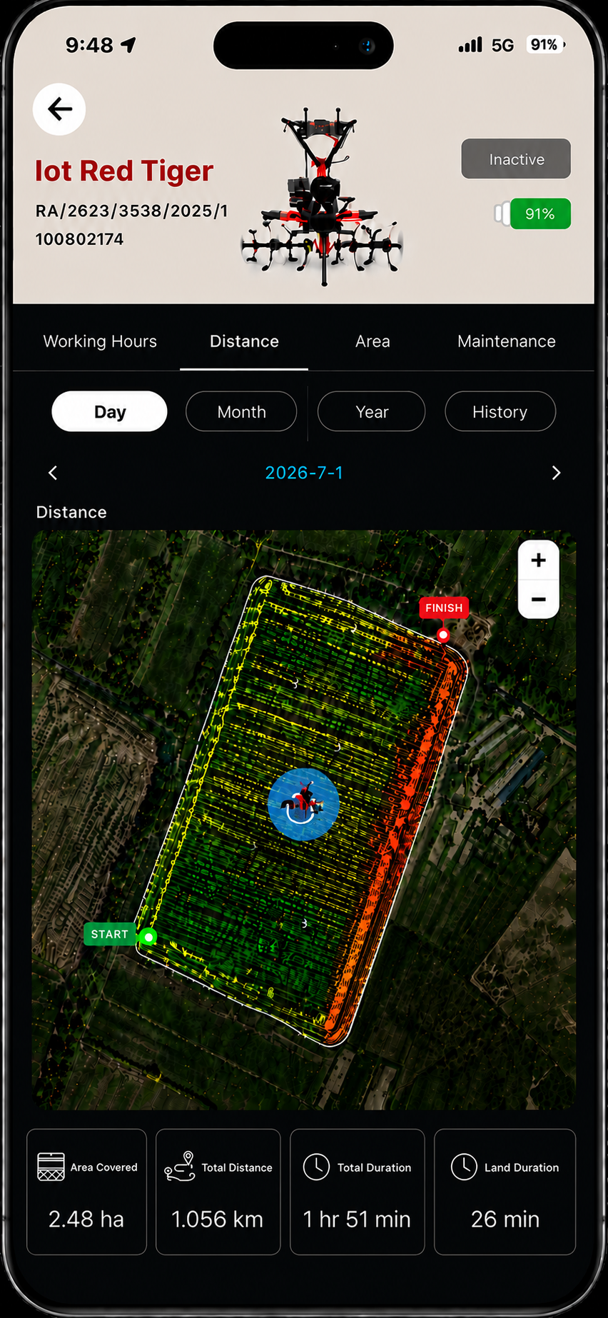 Balwaan Genie app: live GPS coverage route and stats for a BP-700 2.0, with the in-app Balwaan Genie AI assistant offering 3 questions a day